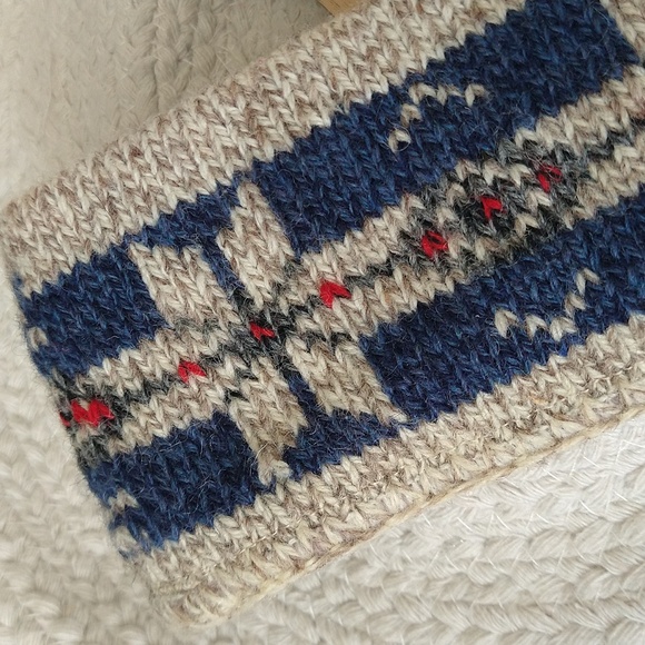 Vintage Reversible Wool Warm Headband / Ear Cover Blue Red Beige Cream Pattern - Picture 3 of 8